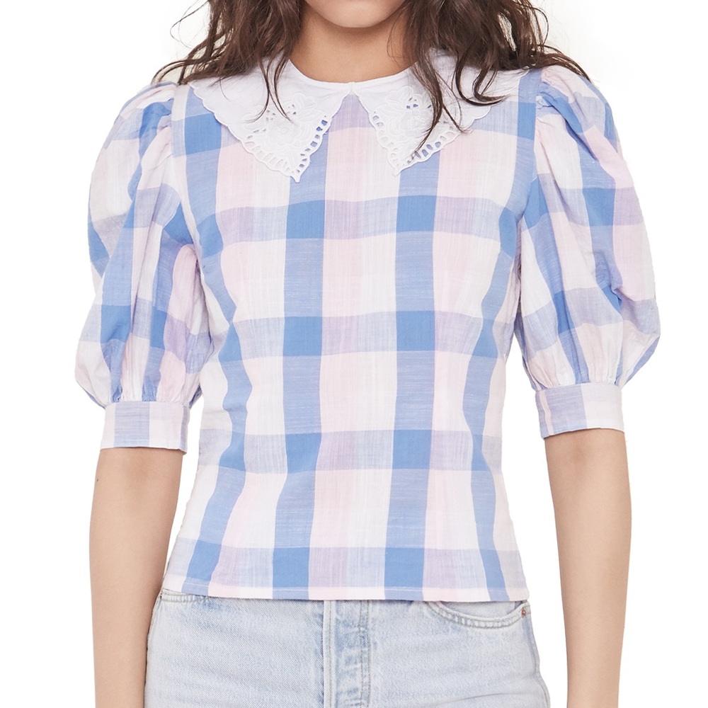 Blue and White Puff Sleeve Blouse with Peter Pan Collar